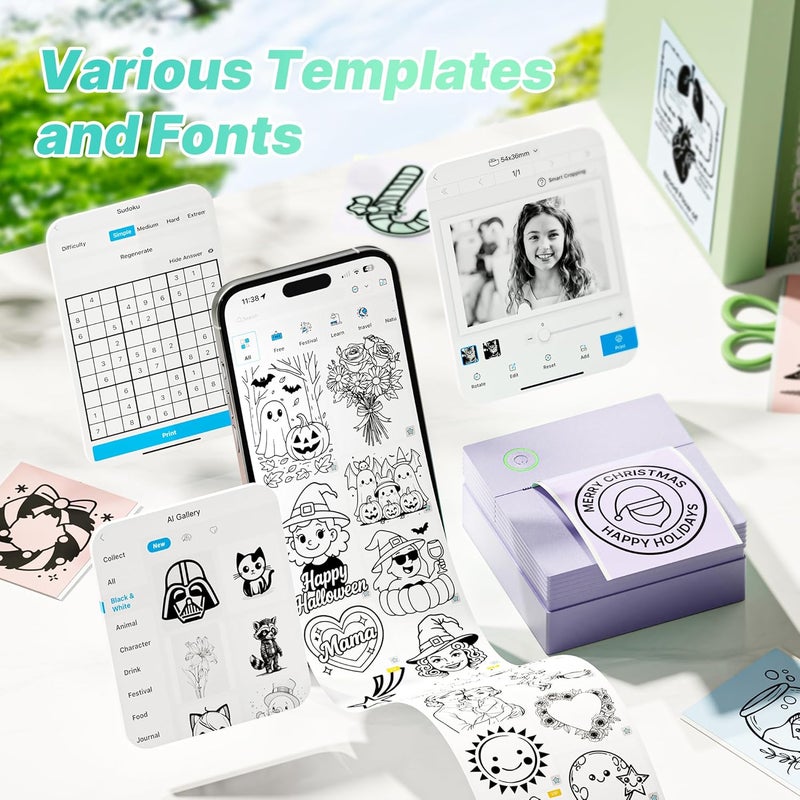 TYPONOS Sticker Printer, PM290 Mini Printer, Bluetooth Sticker Maker Machine with 3 Rolls Paper, Portable Print Pod for Study Notes, Journal, Lists, Pictures, DIY Gifts for School Office Home, Purple - Image 3